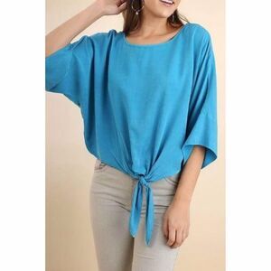 Umgee Mineral Washed Tie Front Dolman Top Blue S